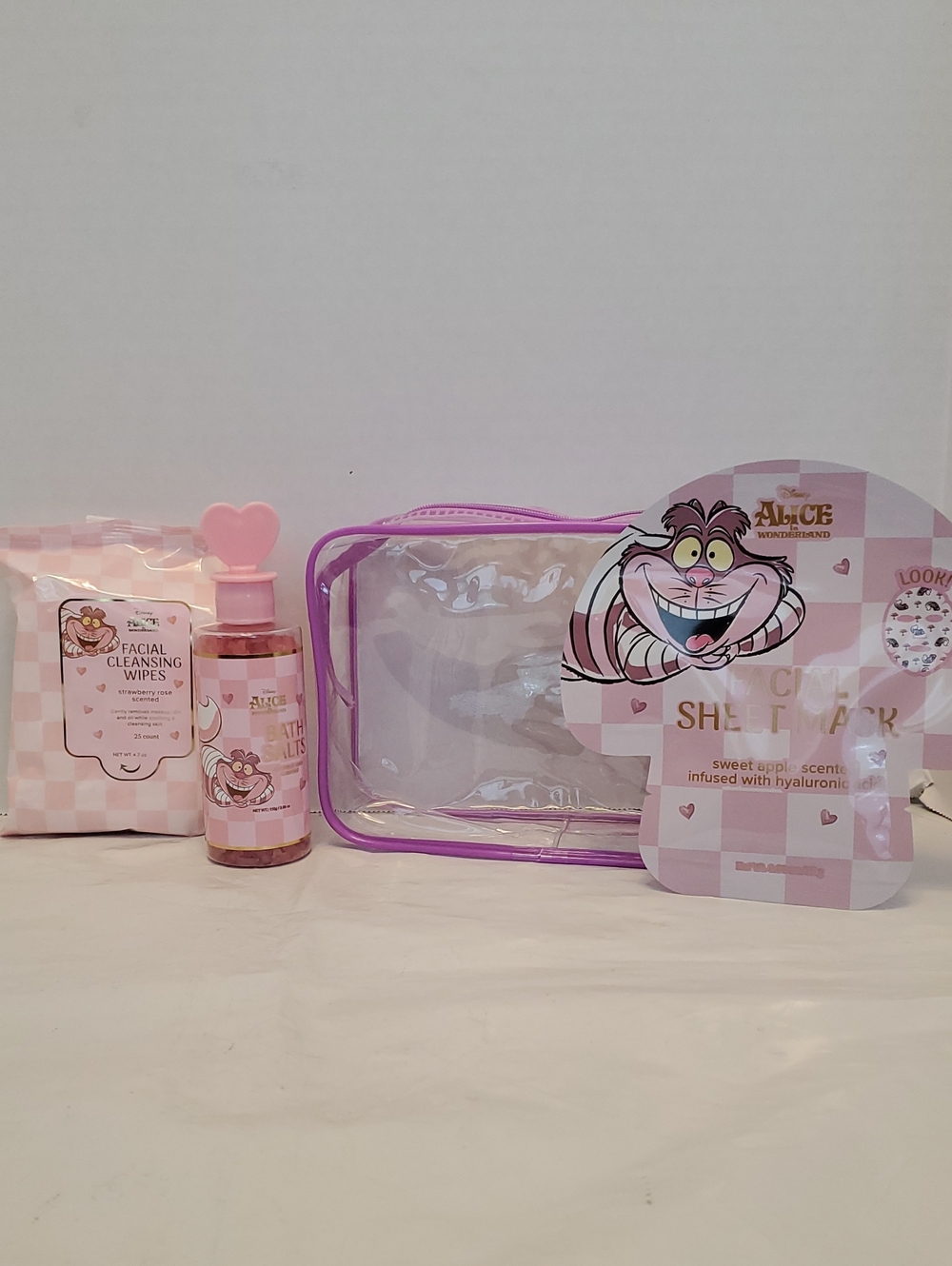 Disney Pink Cheshire Cat Skincare Set with Clear Travel Bag